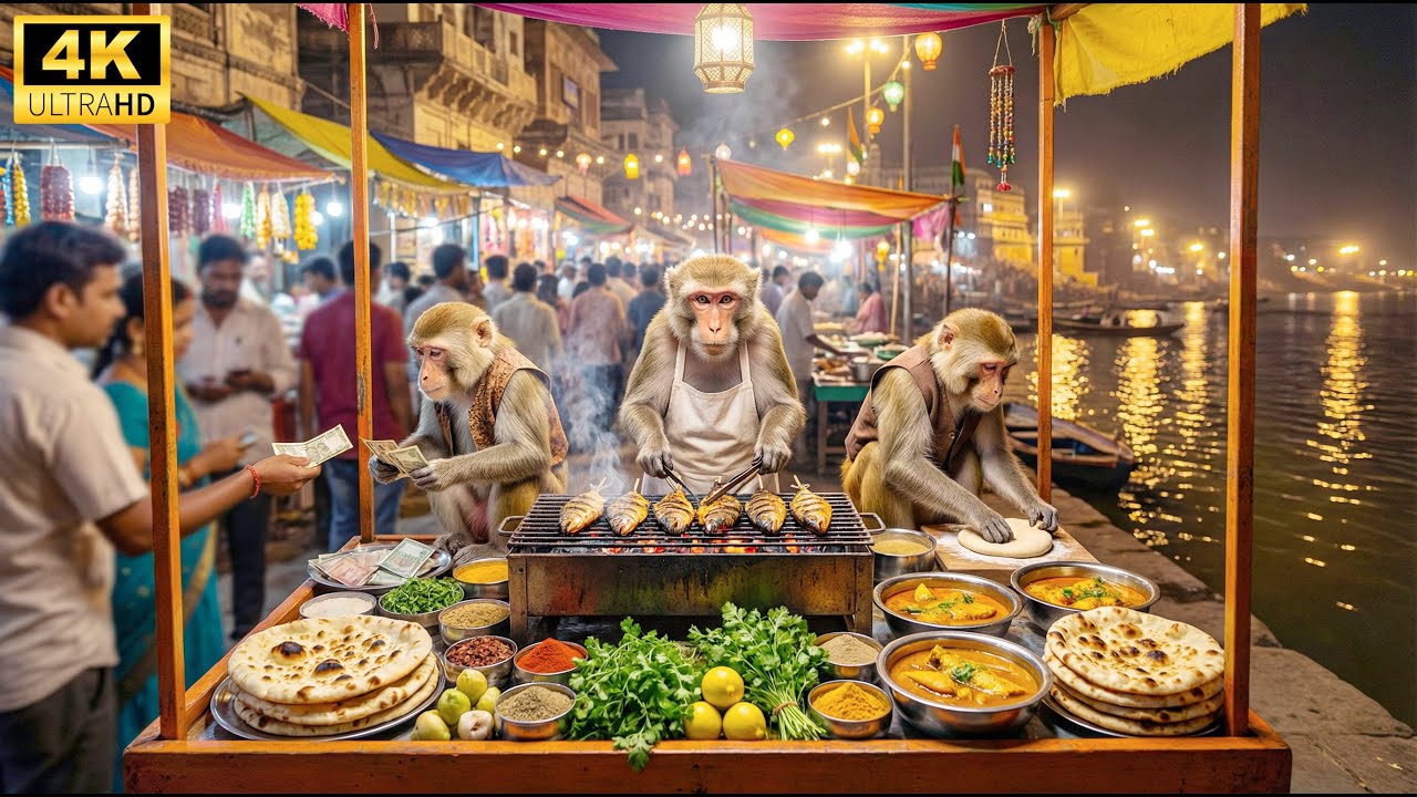 गंगा किनारे बंदरों का शाही डिनर! 🤯 | Королевский ужин обезьян на берегу реки Ганга!