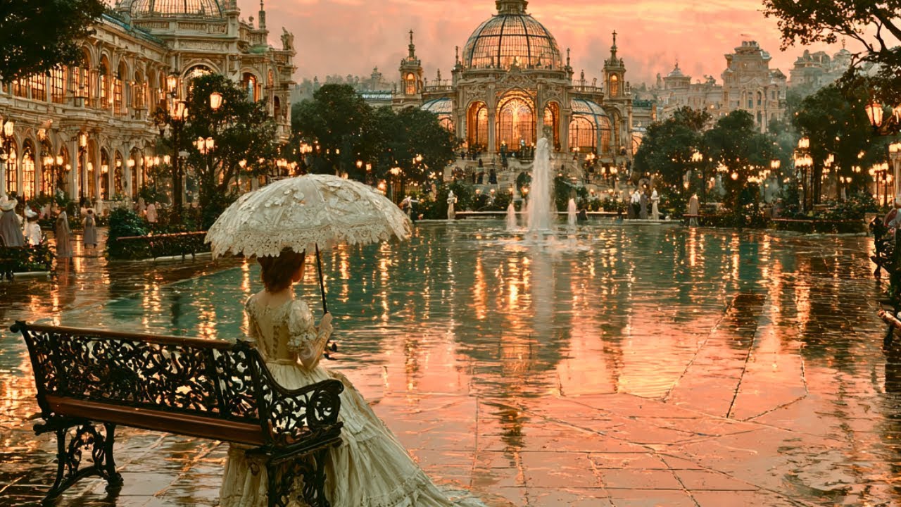 “AI Generated Victorian Glass Palace in the Rain | Majestic Sunset Fantasy View with Elegant Beauty”