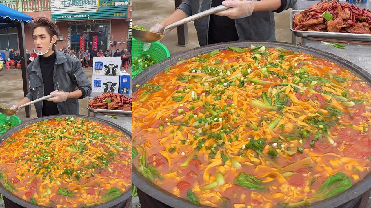 Handsome Chinese Guy Cooking Duck Leg Noodles Food with Tomatoes for the elders on the Street
