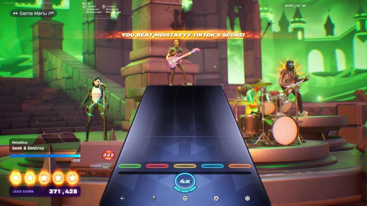 Seek and destory Metallica Fortnite festival Lead 100%