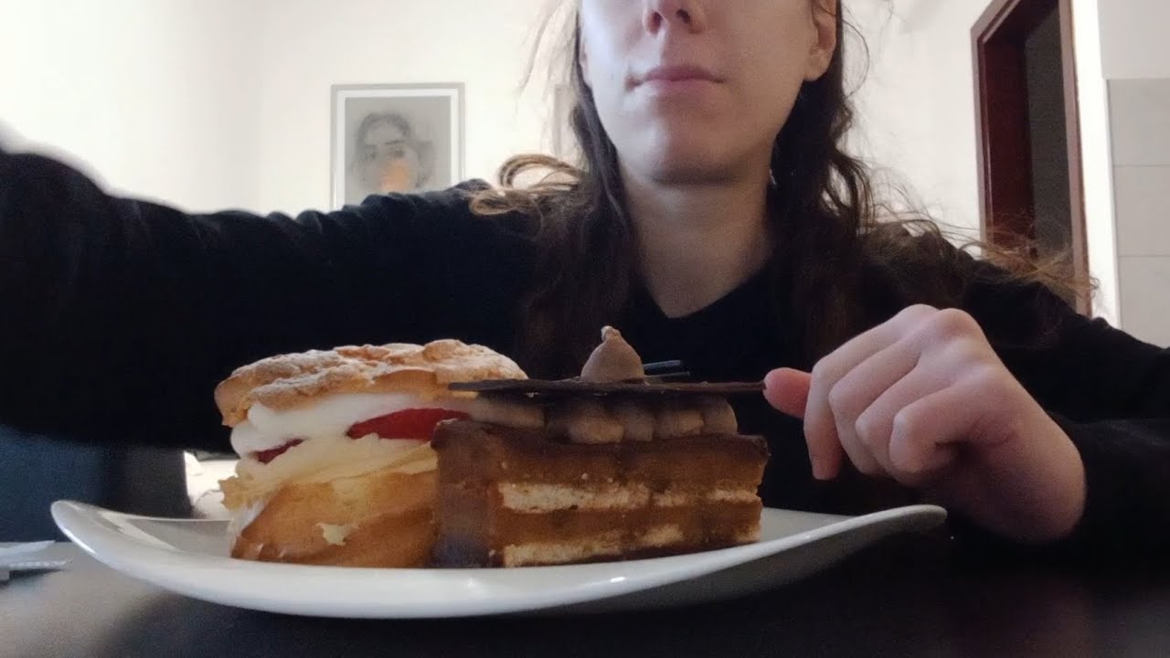 Dessert: chocolate cake, coffee cake, bagel w cream/strawberry - asmr - no talking - eating video