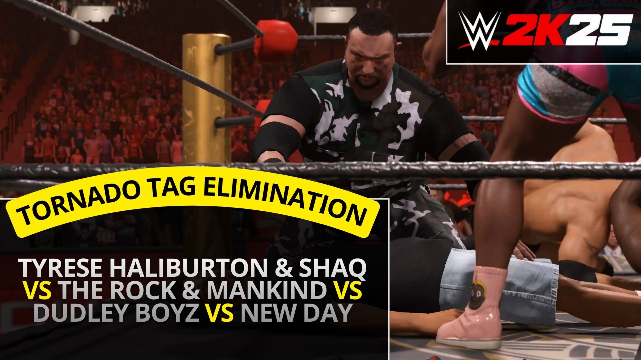 WWE 2K25 – Tyrese Haliburton & Shaq vs Rock & Mankind vs Dudley Boyz (4 Way Tornado Tag Elimination)