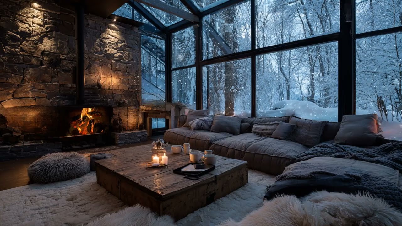 Quiet Snowfall at Cozy Winter Cabin with Soothing Fireplace Sounds for Calm and Deep Sleep