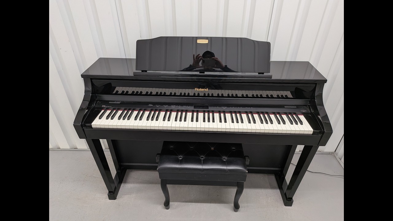 Roland HP508 digital piano and stool in polished glossy black stock number 26096