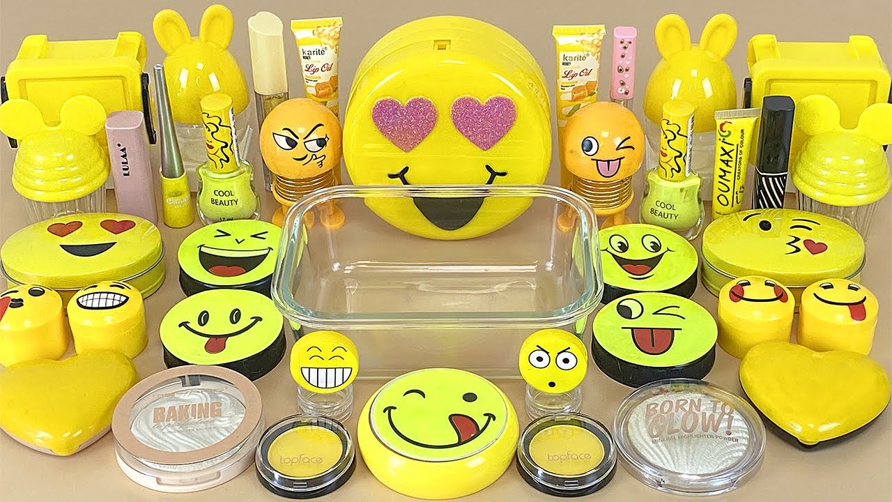 SMILE YELLOW SLIME Mixing makeup and glitter into Clear Slime ASMR Satisfying Slime Videos 1080p