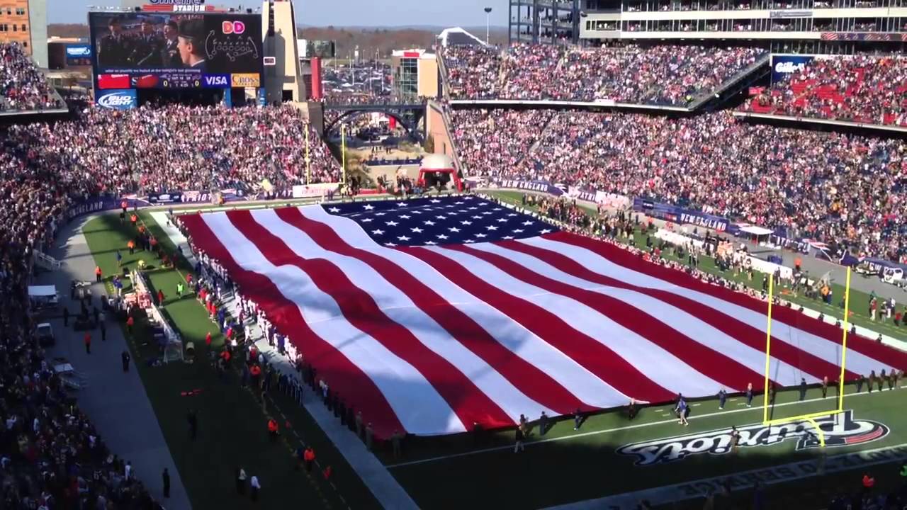 American flag and C-5 military flyover at Gillette Stadium