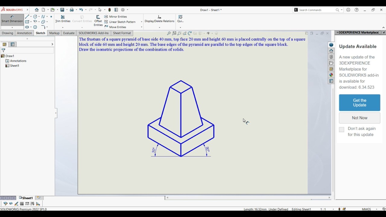 ISO Metric Projections_ SolidWorks Tutorials_ Example 03_Frustum of Square Pyramid on Square Block