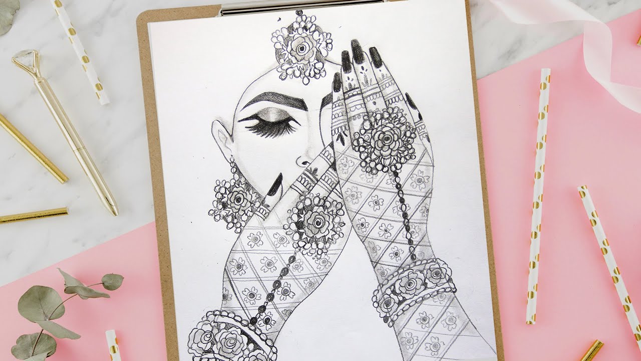 How to Draw a Beautiful Traditional bride with Mehndi | Bride Drawing | Pencil Drawing