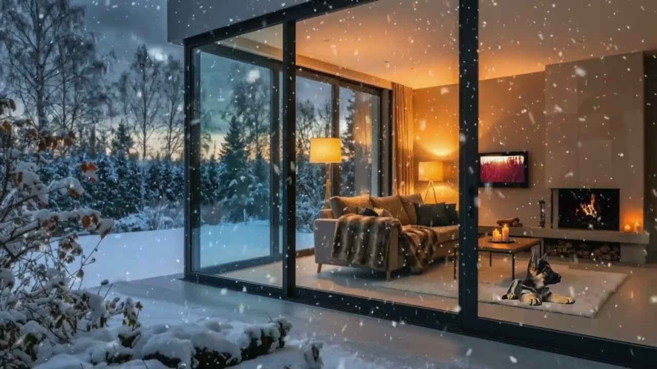 Winter Ambience - Cozy Fire - Cute German Shepherd Puppy - Howling Wind Sounds for Sleep, Relaxing.
