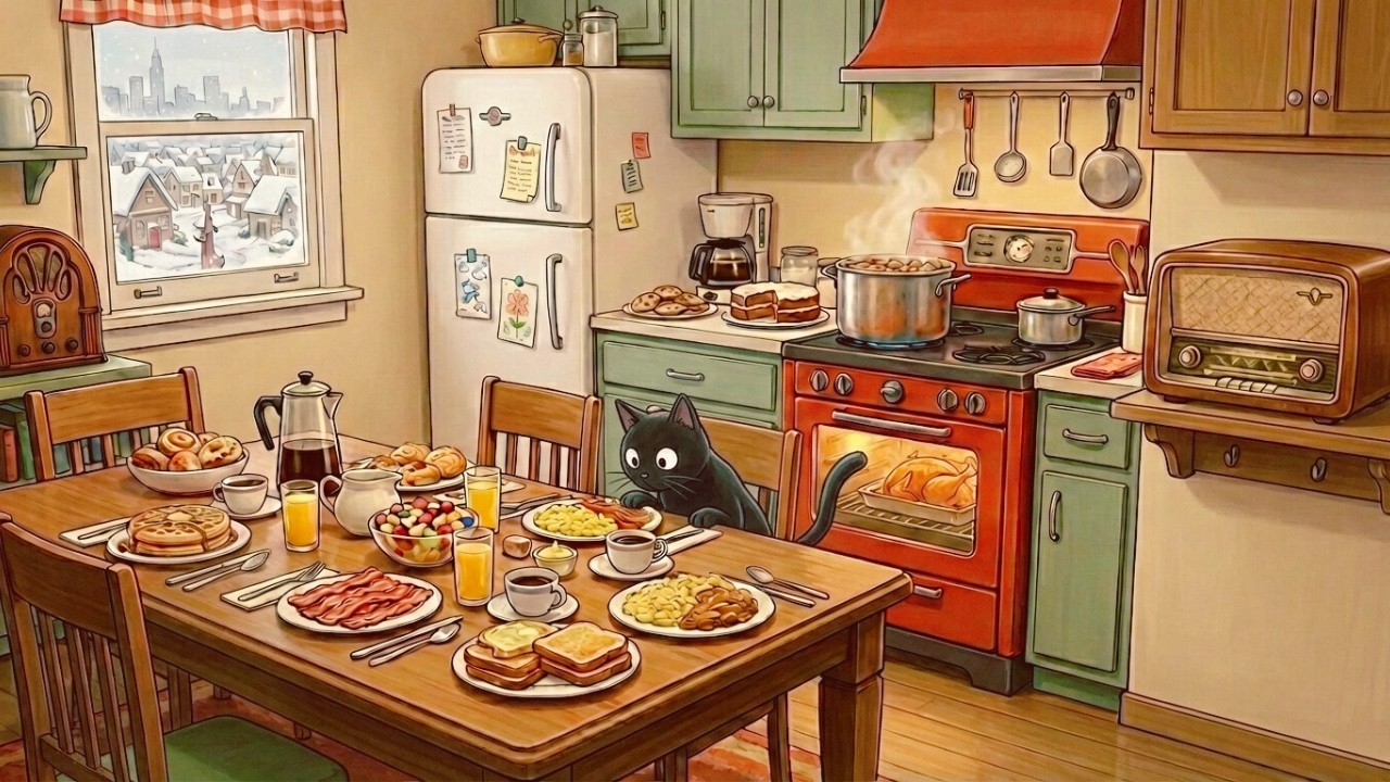 Cozy Winter Morning 1940s Kitchen ❄️ Vintage Jazz & Breakfast Ambience (3 Hours) with a Black Cat