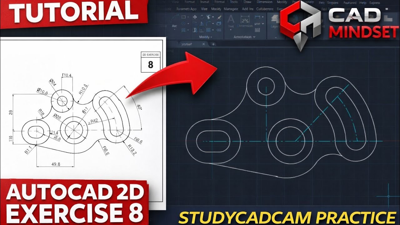 AutoCAD 2D Exercise 8 Tutorial | STUDYCADCAM Practice | CAD Mindset
