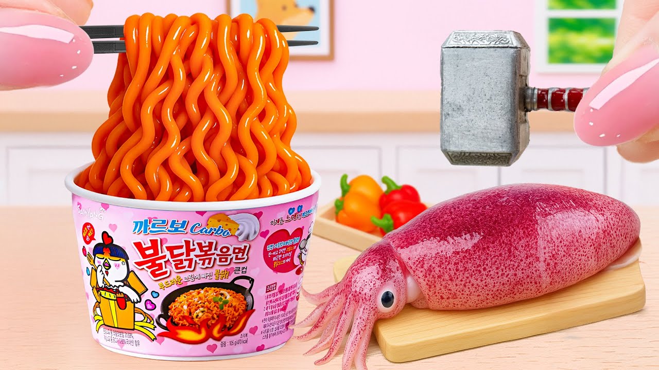 How To Cook Miniature Spicy Carbo Ramen with Fresh Fried Squid | Tony Mini Food