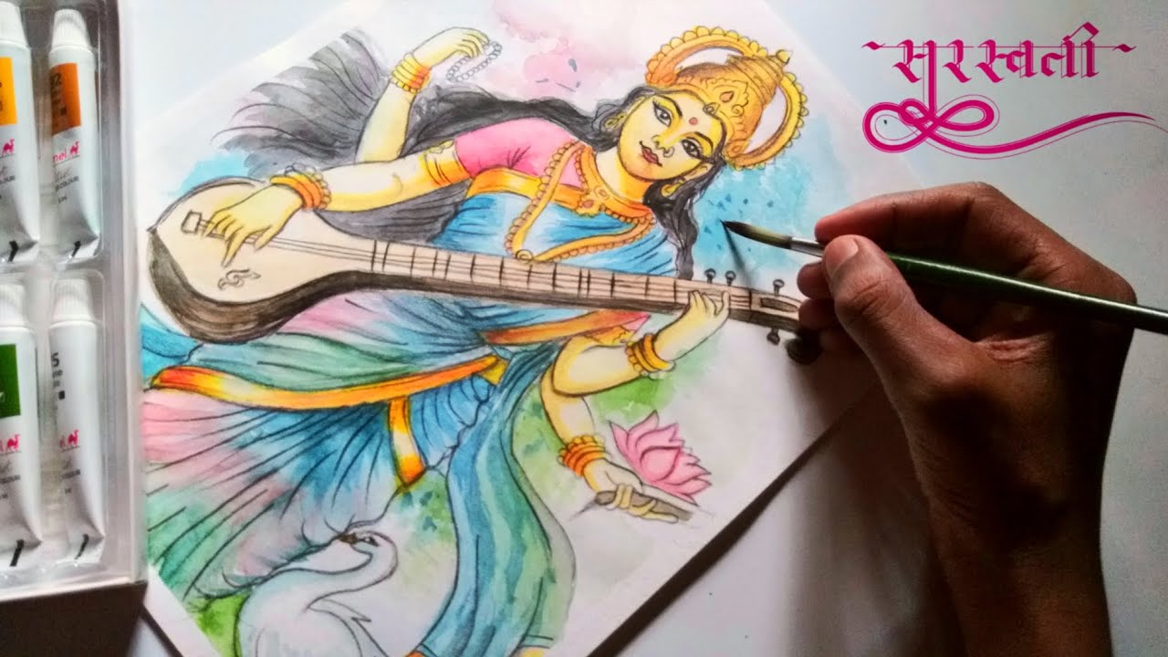Saraswati Ma Drawing, Watercolour Drawing, Part 2 🌸😍