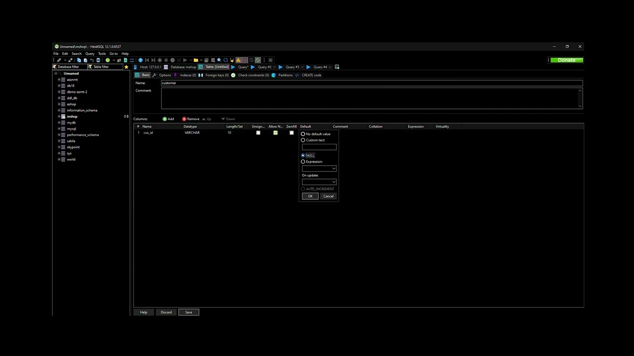 Using HeidiSQL Software to create a database, table & using insert, search queries with WHERE clause