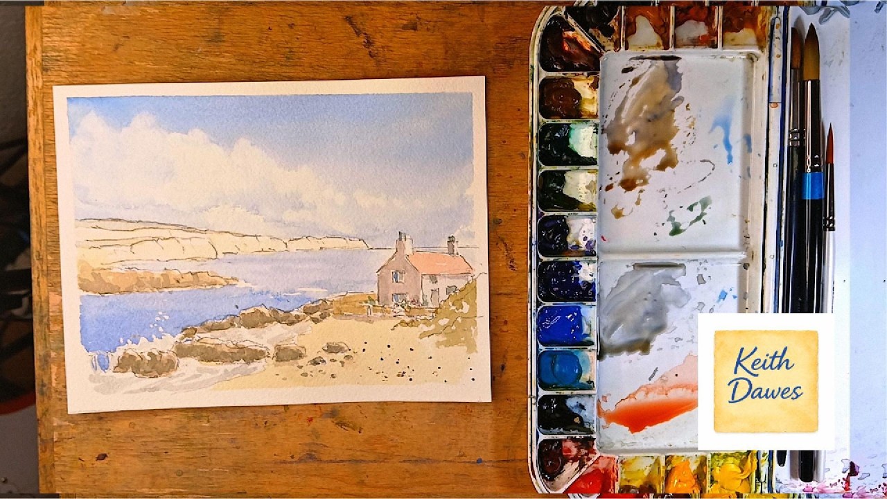Paint Cottage, Rocks, And the Sea in watercolour