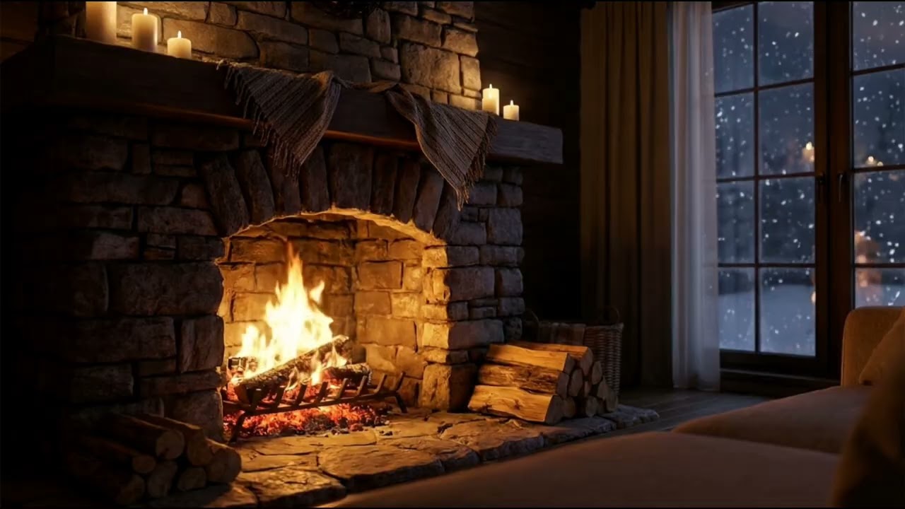 Cozy Fireplace & Snowfall Night Ambience | Crackling Fire, Winter Calm & Relaxing Sounds