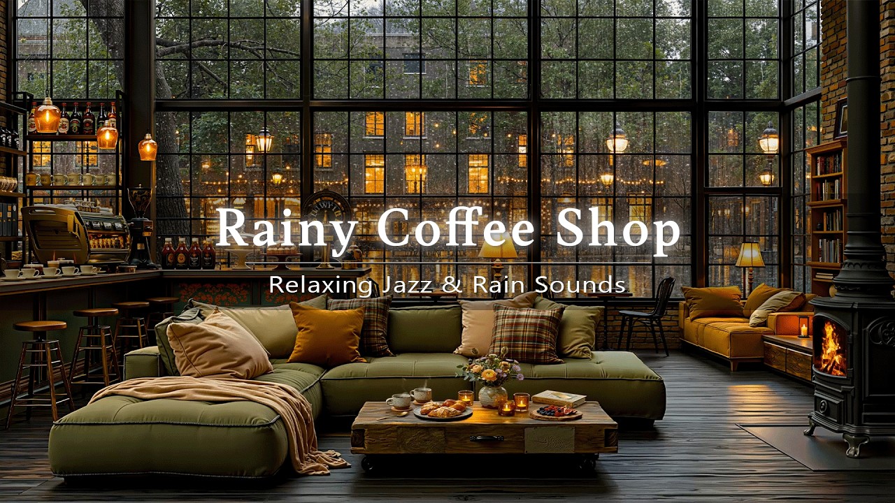Rainy Day Coffee Shop Ambience ☕ Relaxing Jazz with Crackling Fireplace & Gentle Rain Sounds to Work