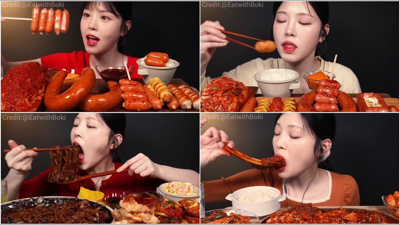 Mukbang spicy beef giant sausage jjapagetti & cheese big bites asmr compilation voll 36