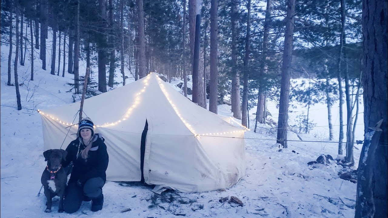 Winter Camping in a Canvas Hot Tent - Wolves and Wood Stove