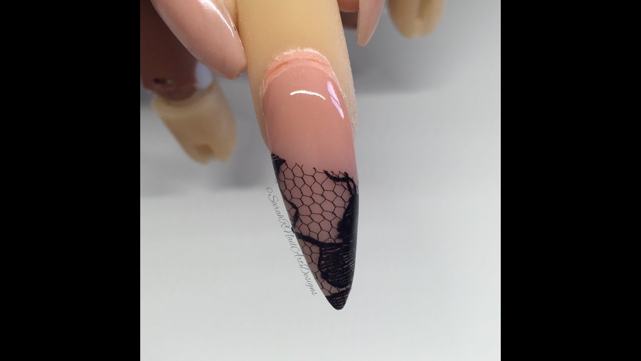 Nude Acrylic Stiletto & Encapsulated Black Lace nail art tutorial | INK London Acrylink