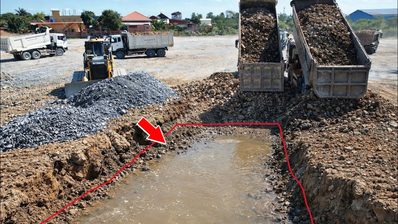 Amazing Huge project Landfill by SHANTUI Bulldozer Skills with Heavy Dump truck pouring stones