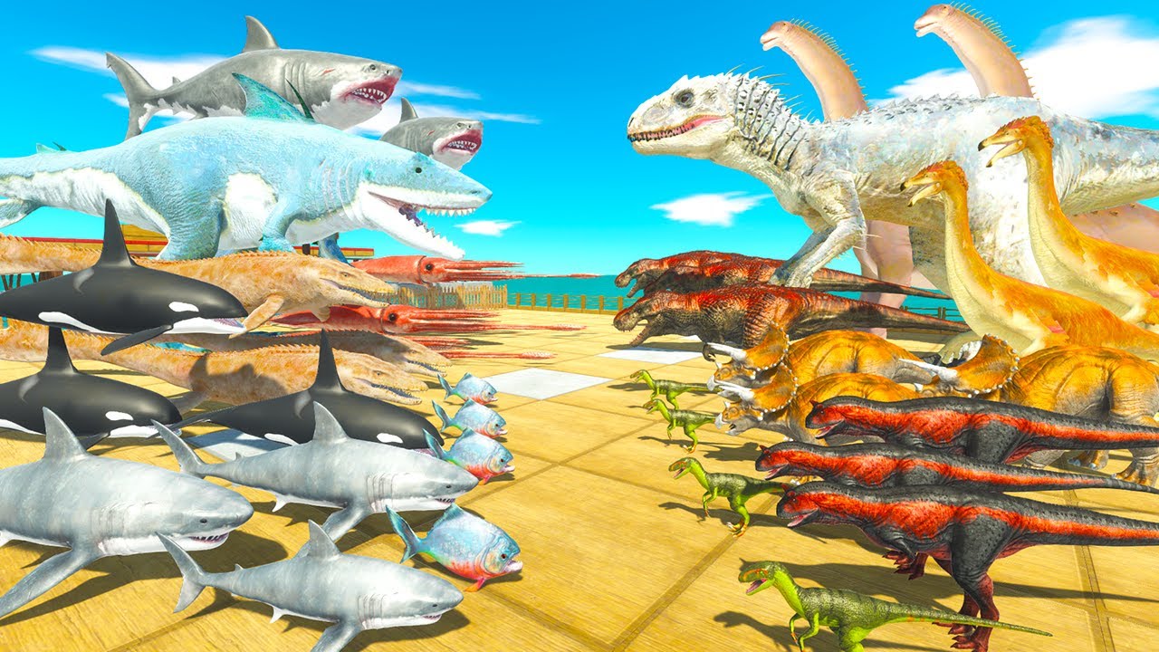 King Shark vs Indominus rex, Carnivore Dinosaurs Fights Sea Monsters -Animal Revolt Battle Simulator