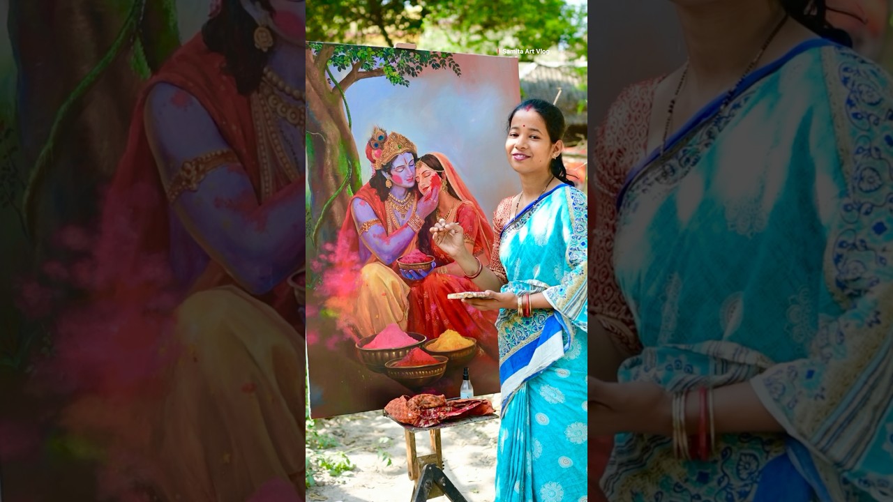 Peaceful village life India | Painting Radha Krishna #villagelife #painting #holicelebration #holi