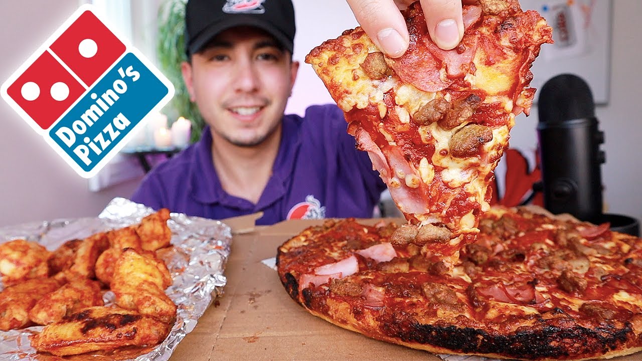 I PIGGED OUT ON DOMINOS MEATZZA PAN PIZZA + BUFFALO WINGS | MUKBANG