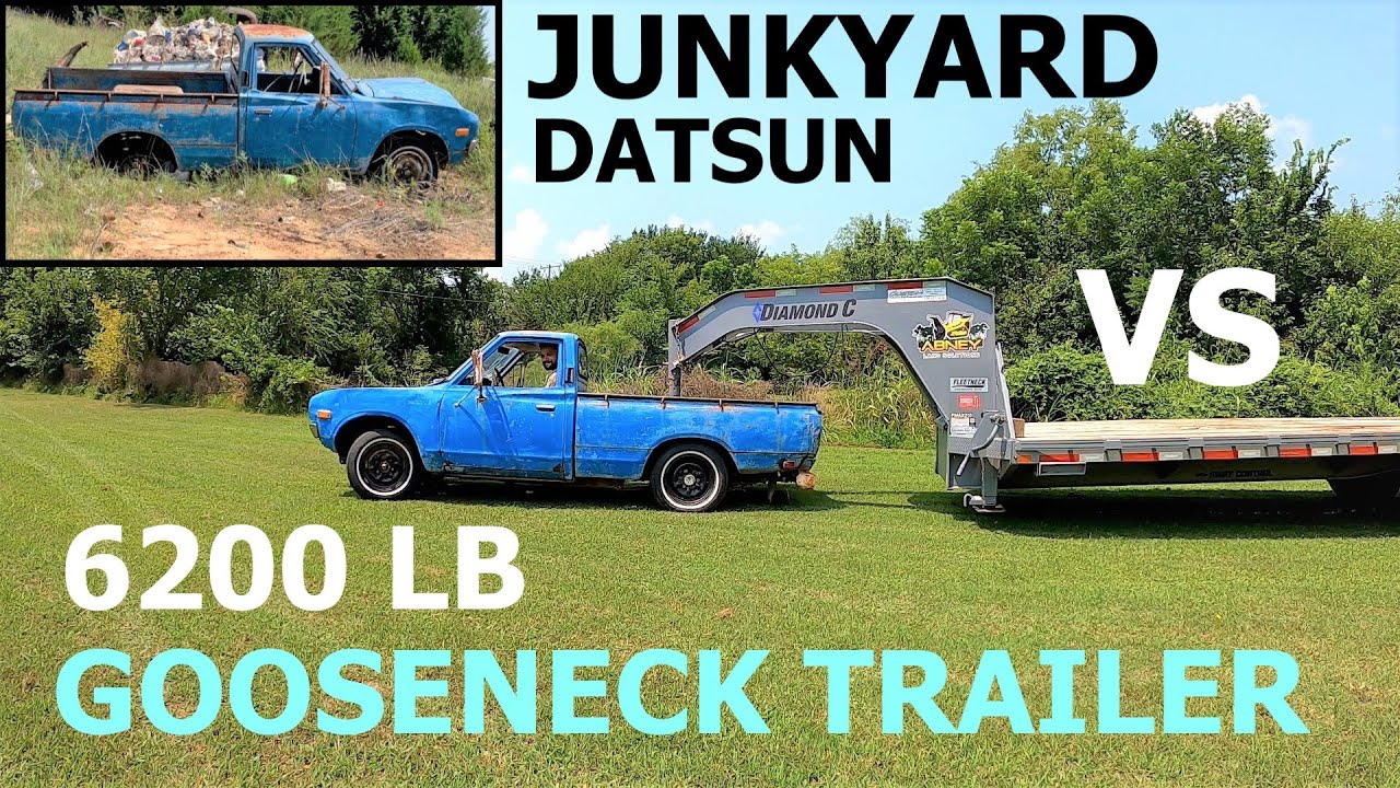 CLAPPED OUT 1974 junkyard Datsun VERSUS a 6200 LB GOOSE NECK trailer. Some repair required.