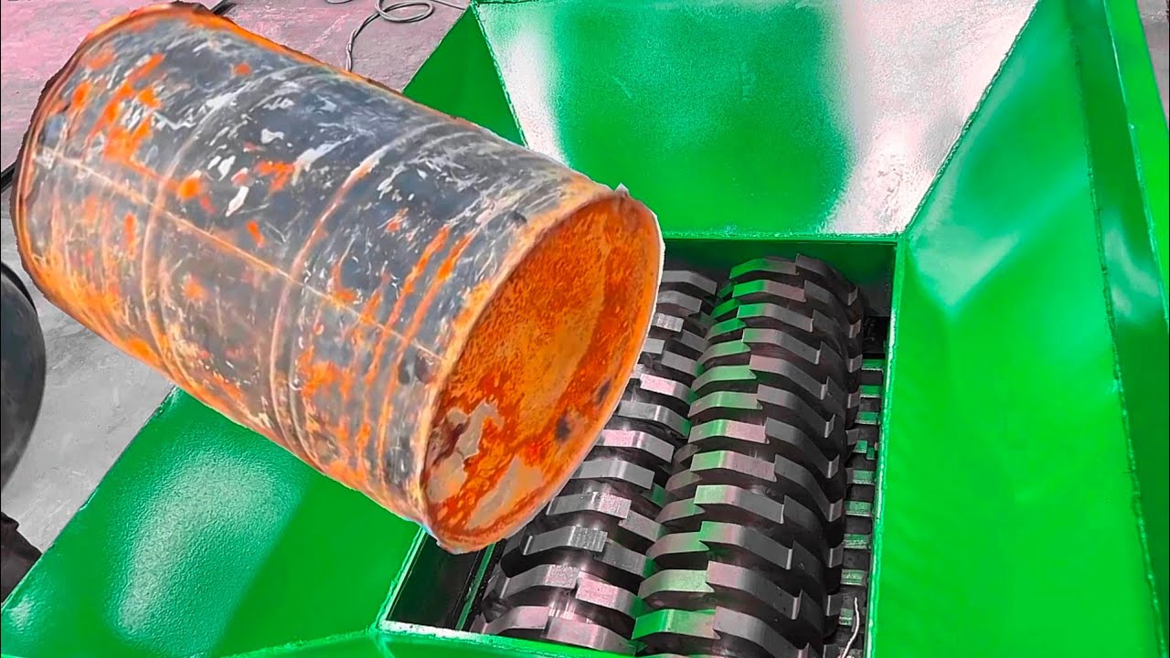 Shredder vs Iron metal drum! extreme metal shredding moments