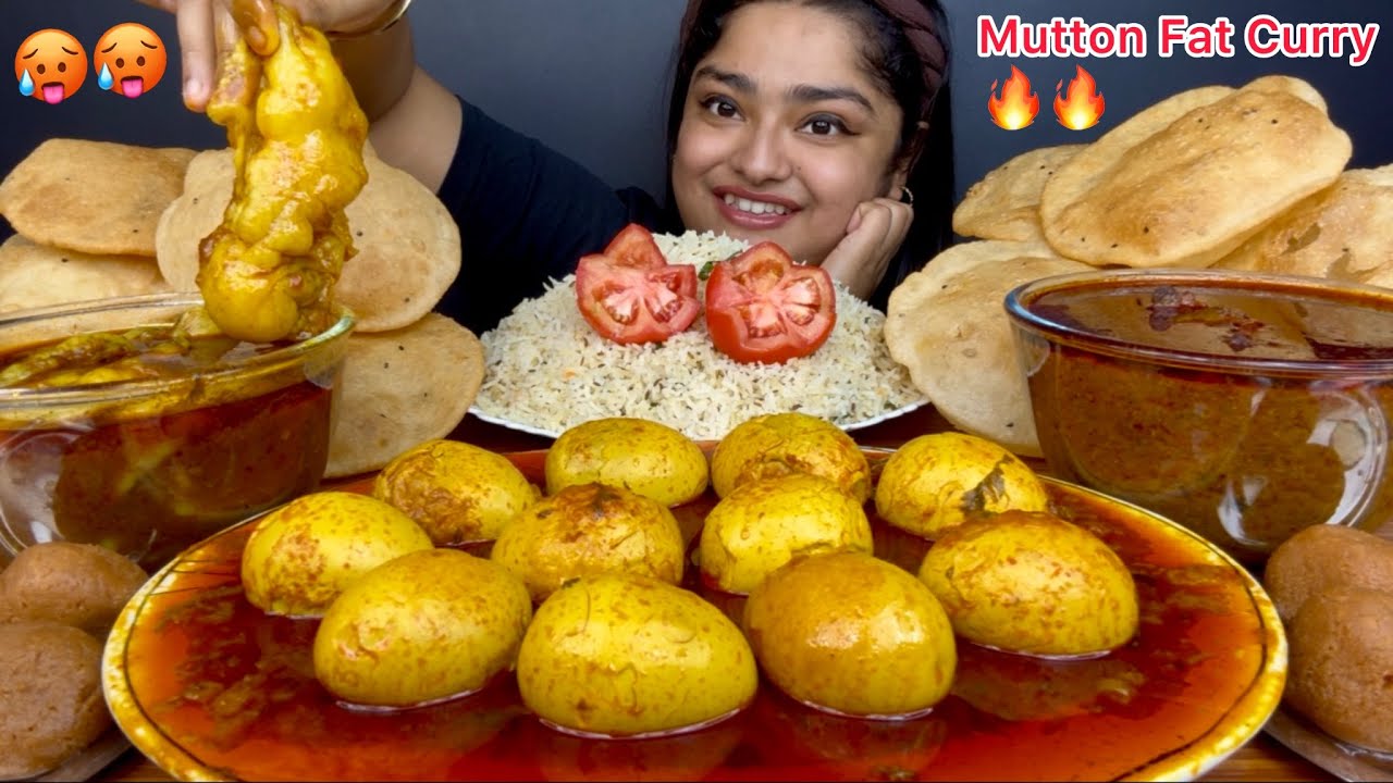 SPICY MUTTON FAT CURRY, MUTTON KALEJI CURRY & SPICY EGG CURRY WITH SOFT LUCHI & JEERA RICE | MUKBANG