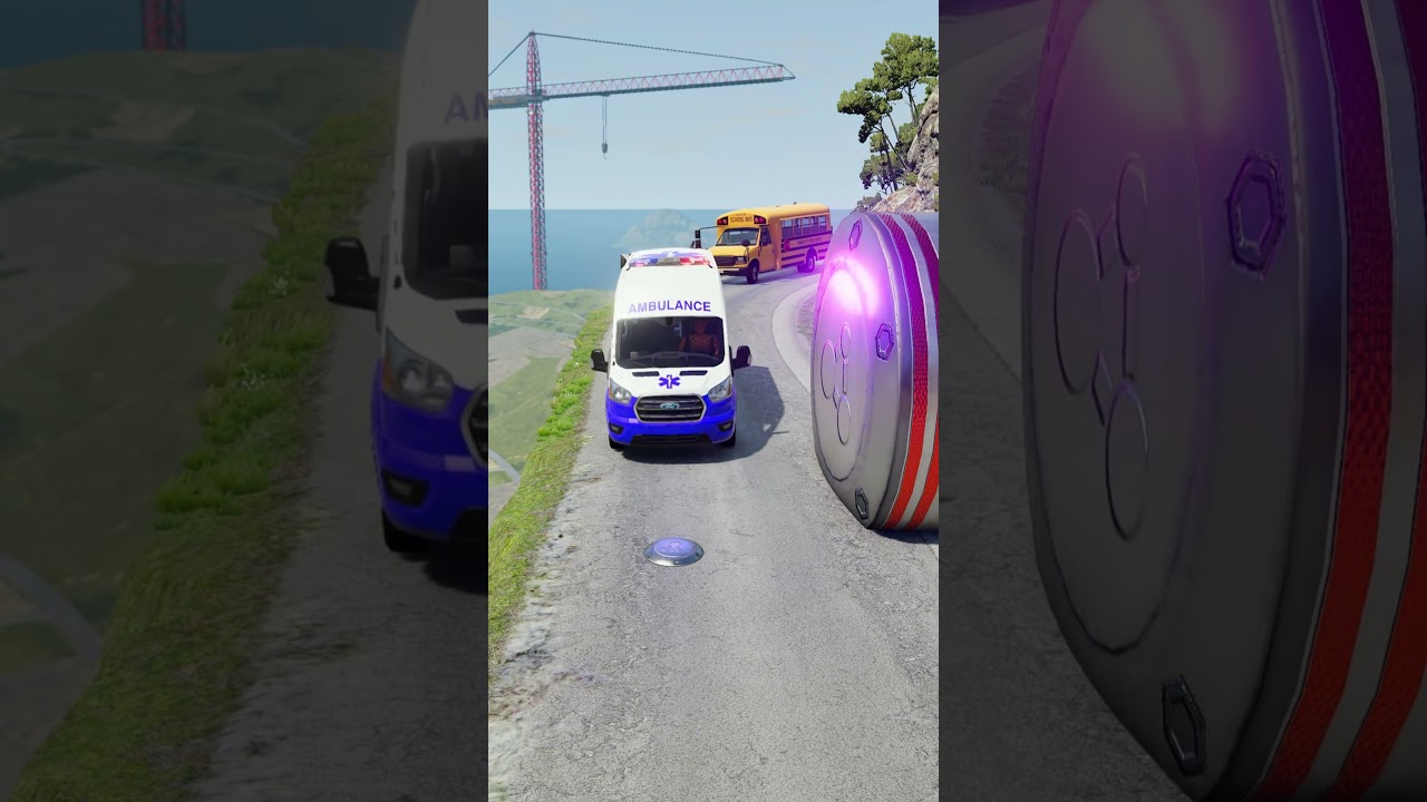Машины и фургон скорой помощи против гигантских дорожных столбов: авария &mdash; BeamNG.drive