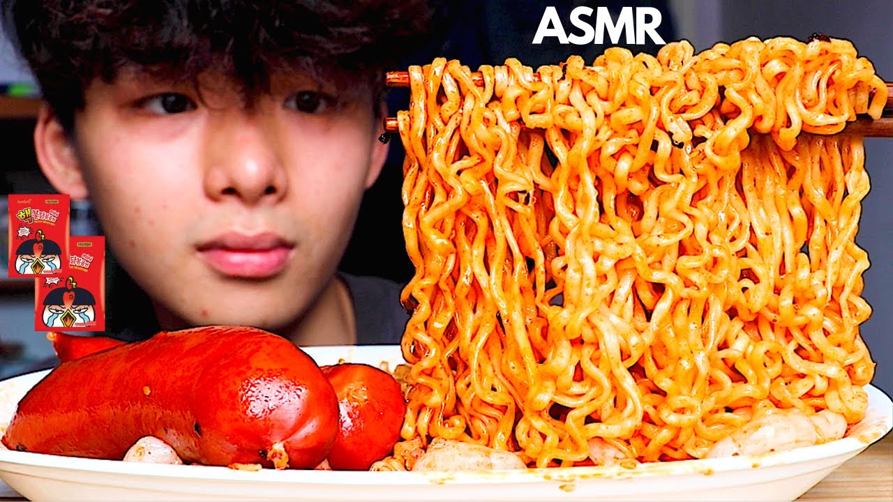 ASMR NEW NUCLEAR FIRE MINI NOODLES + SAUSAGES + SHRIMP COCKTAILS (Eating Sound) | MAR ASMR