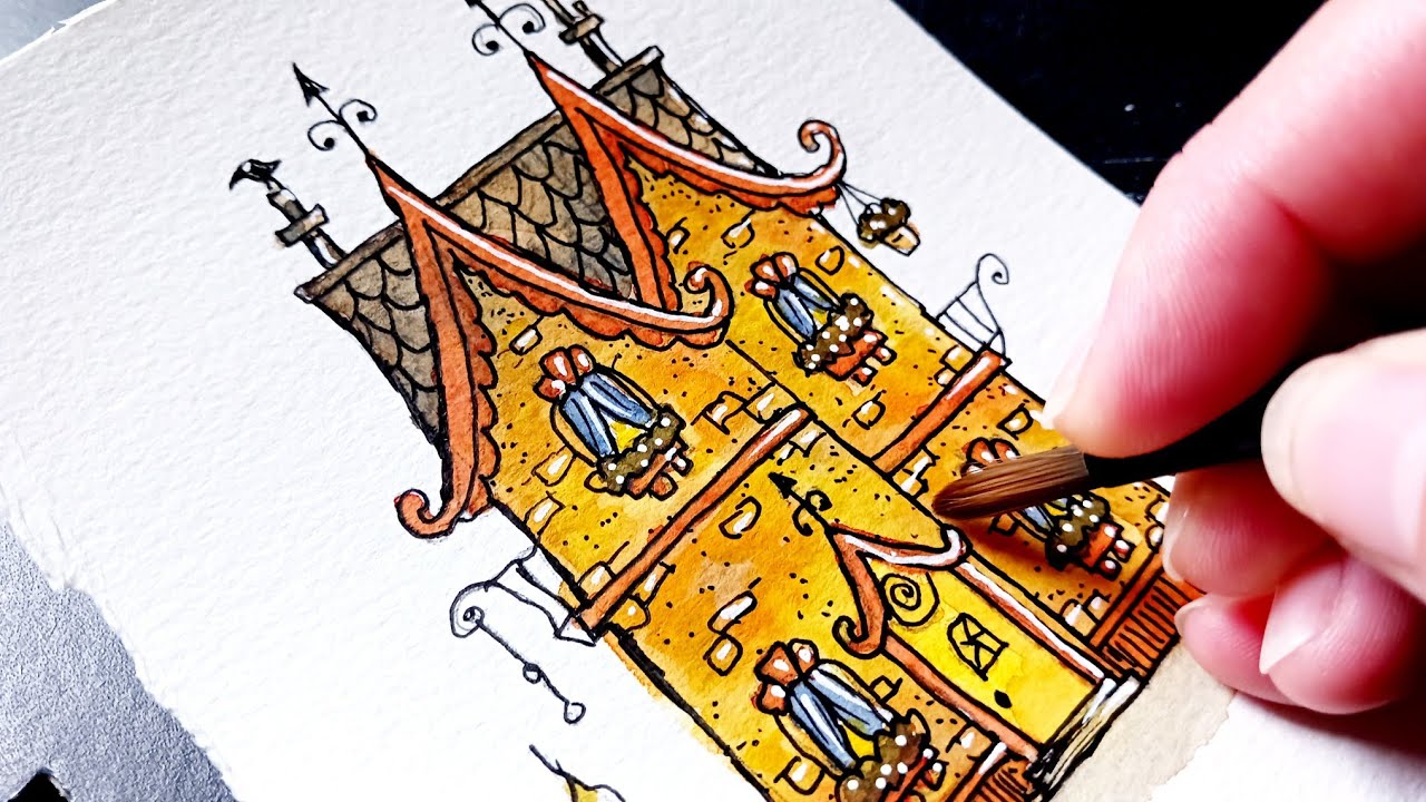 Golden Manor House | Step-by-Step Watercolor Tutorial
