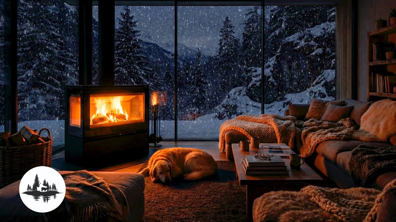 Snowy Night Ambience: Deep Sleep Music, Crackling Fire & Sleeping Dog