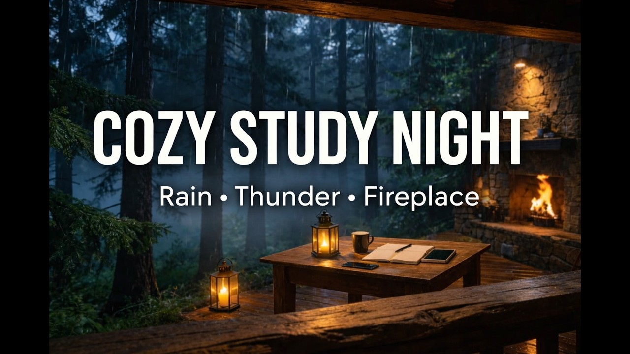4 Hours Cozy Study Ambience  | Thunderstorm, Rain & Fireplace Sounds | 15-Min Break