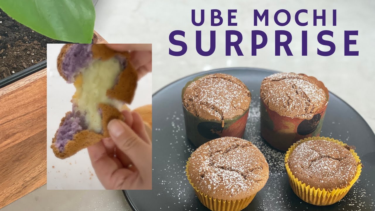 Ube Surprise Mochi Butter Muffins Recipe: Fluffy Mochi Butter Cupcakes with gooey QQ mochi surprise🍠