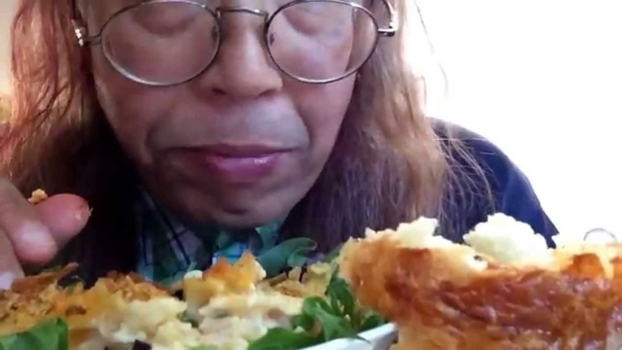 Homemade tuna casserole with blackberries and pain au chocolate croissant ASMR