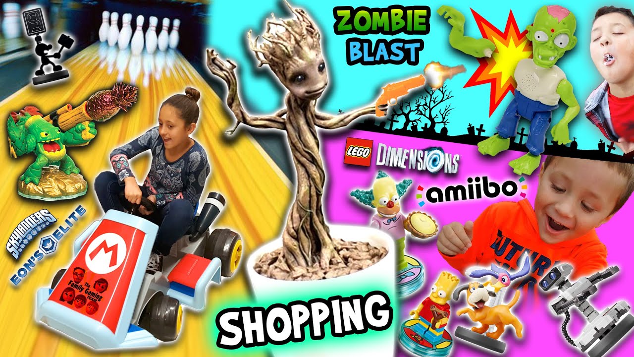 ИГРУШКИ ОХОТА! Amiibo Боулинг вызов, Выращивание Гроот и Killing Zombies (FGTEEV Магазины Видеоблог)