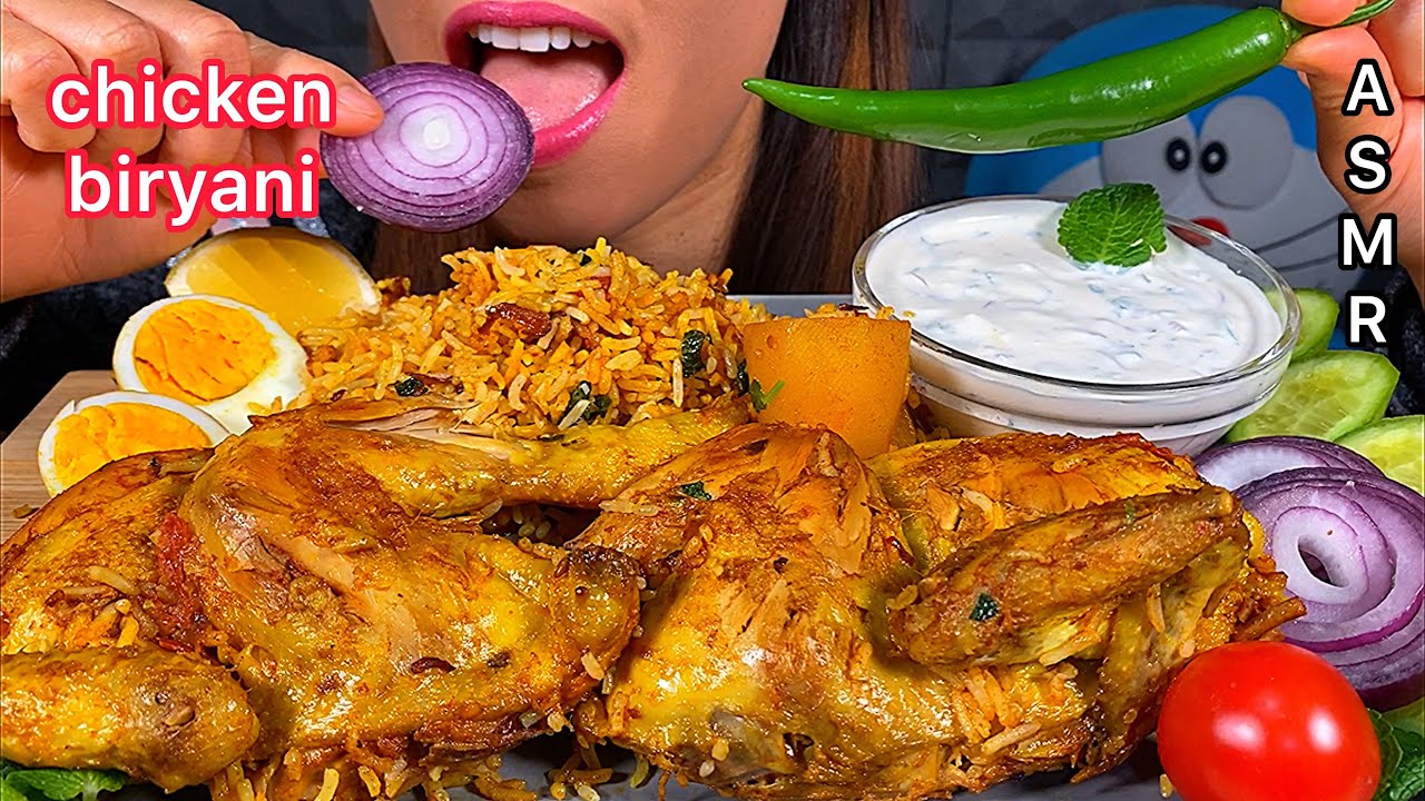 EATING SPICY CHICKEN BIRYANI, RAITA, EGGS, ONION, HOT CHILLI, CUCUMBER & TOMATO ASMR Sounds