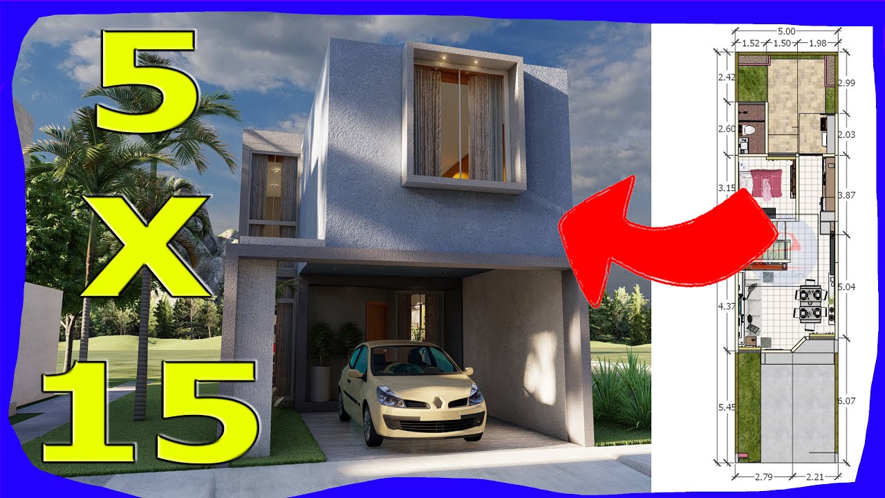 Plano de Casa de 5x15 DOS Plantas con 4 RECAMARAS (Fachadas de Casas Modernas)