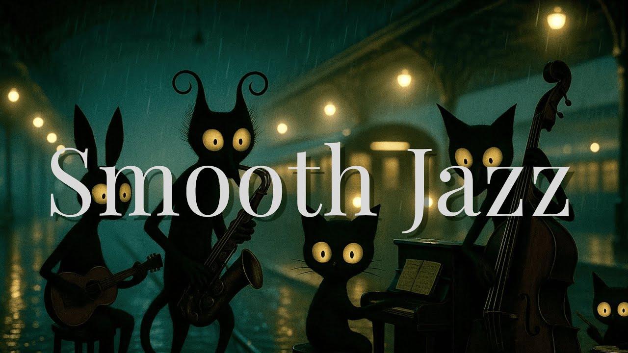 雨の駅ホームで流れるスムースジャズ – Rainy Station Night Jazz Cats | Calm & Relaxing