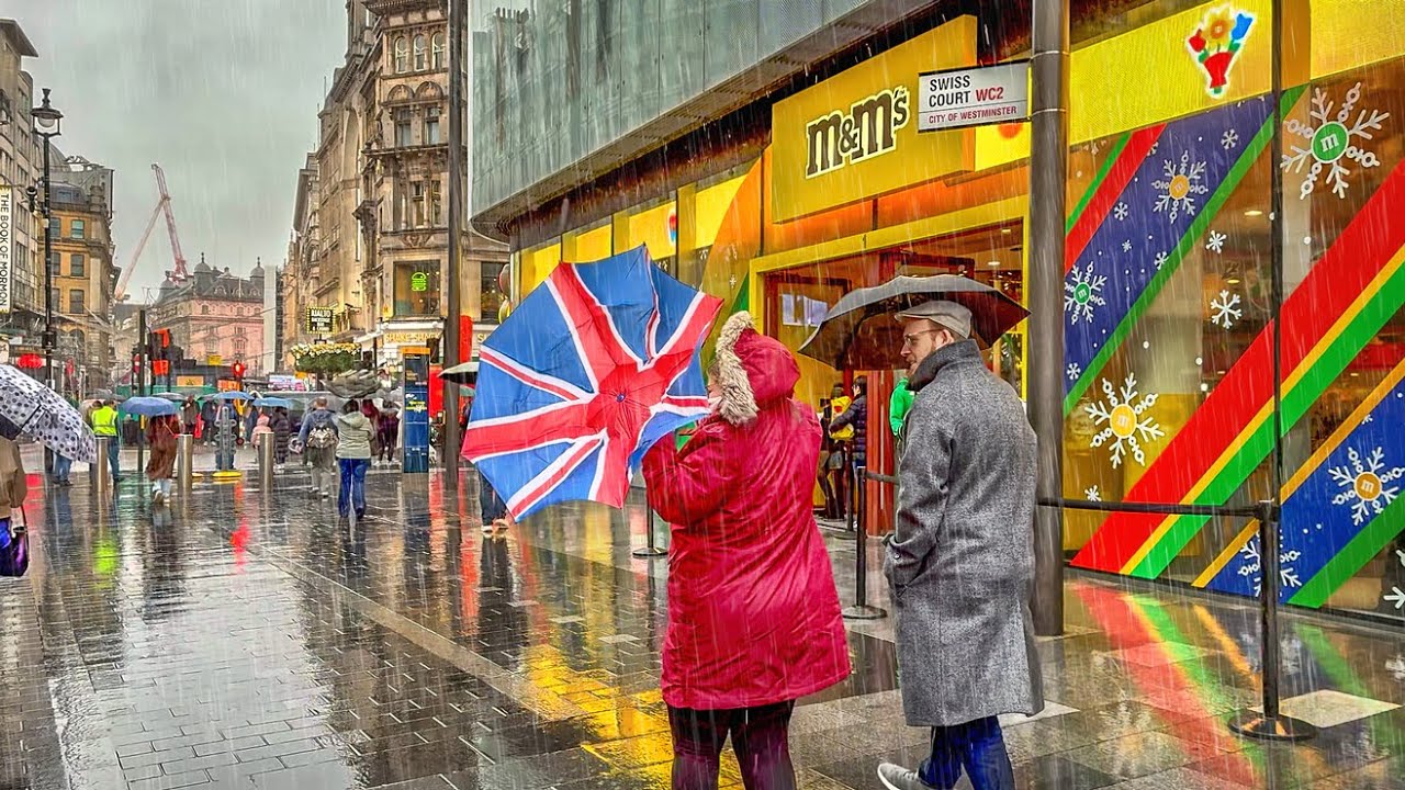 London Rain Walk ☔️ Wet & Windy Central London West End City Streets Walking Tour | 4K HDR ASMR
