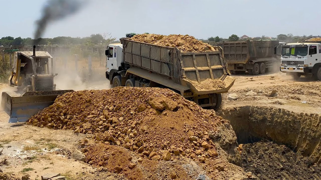 New Impressive!! Powerful Bulldozer and Large Dump Trucks Paving Start and finish ROAD