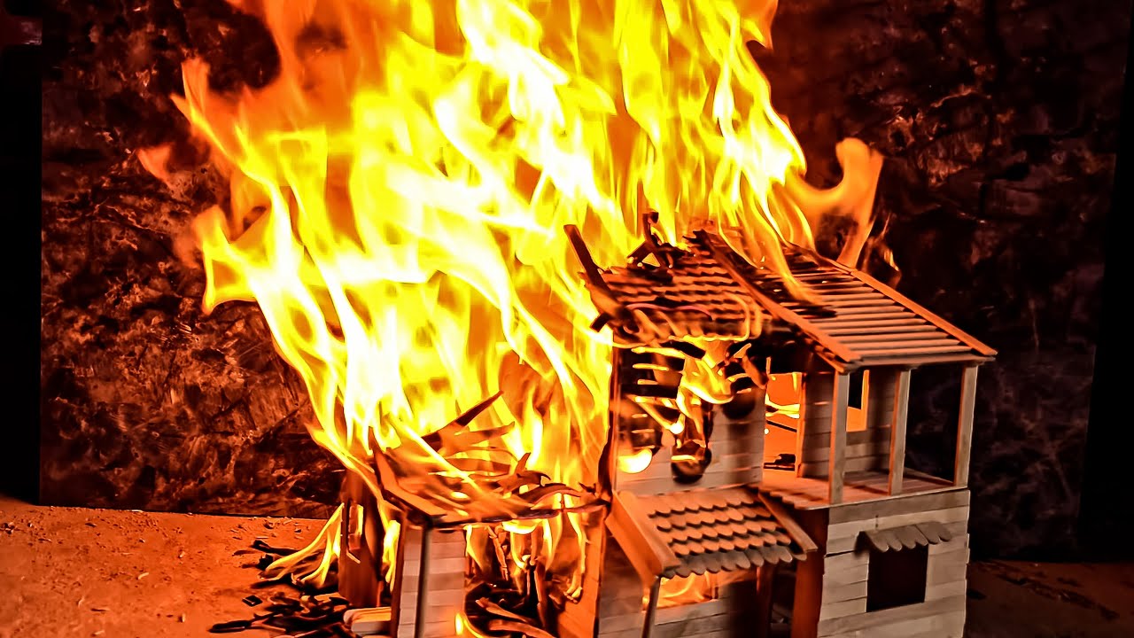 Real-Time Burning of a Two-Story Popsicle Stick House – Relaxing Crackling Flames & Destruction 4K 🔥