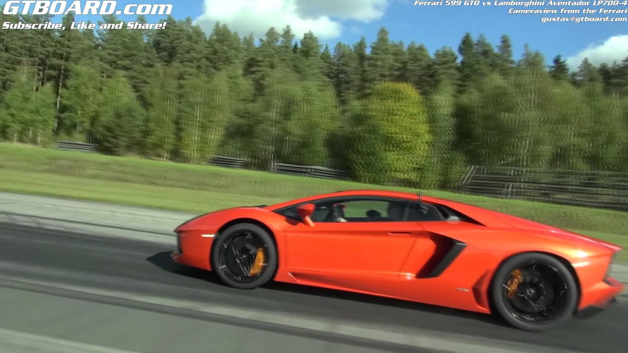Lamborghini LP700-4 Aventador vs Ferrari 599 GTO filmed from the Ferrari x 2 races