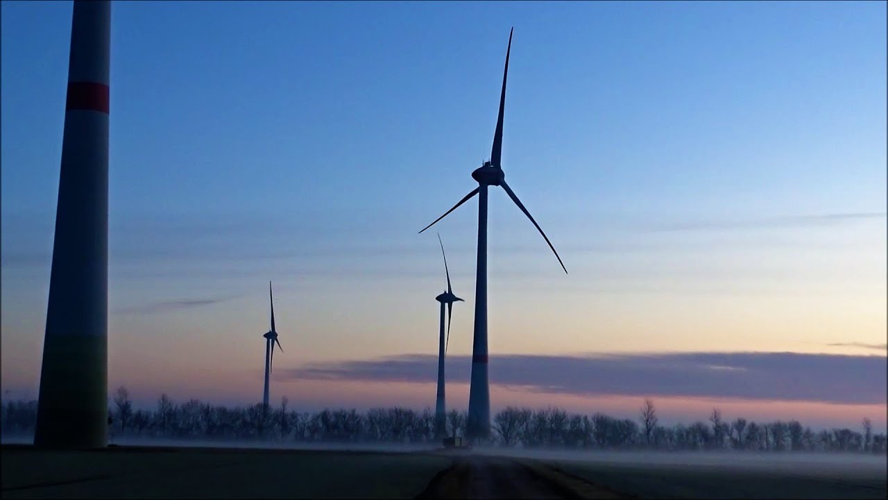 Wind farm Feldheim in the morning, first Enercon E-141 wind turbine is in operation