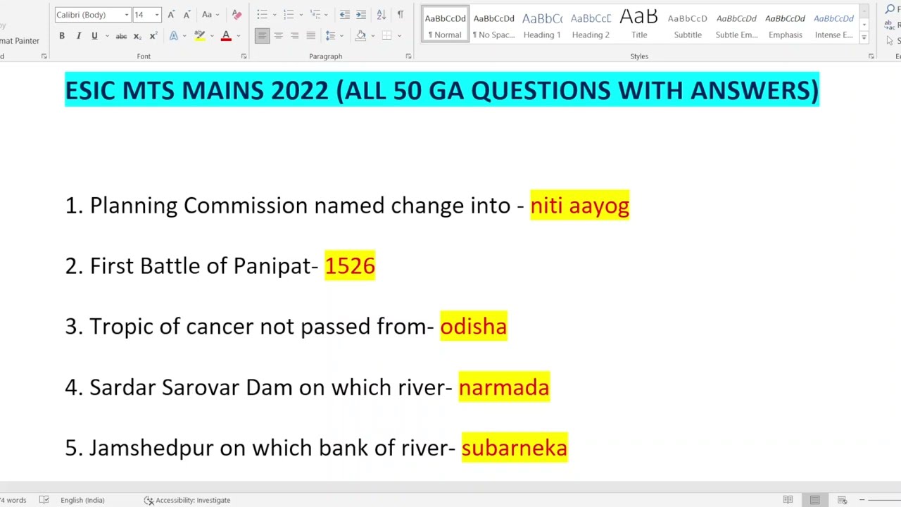 ESIC MTS Mains 2022 All 50 General Awareness Questions with Answers