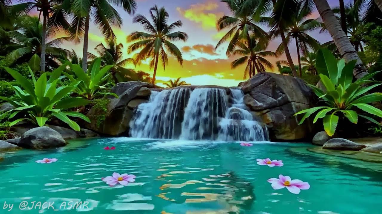 🌅 Golden Sunset Tropical Waterfall 🌊 Gentle River Sounds for Deep Sleep & Relaxation