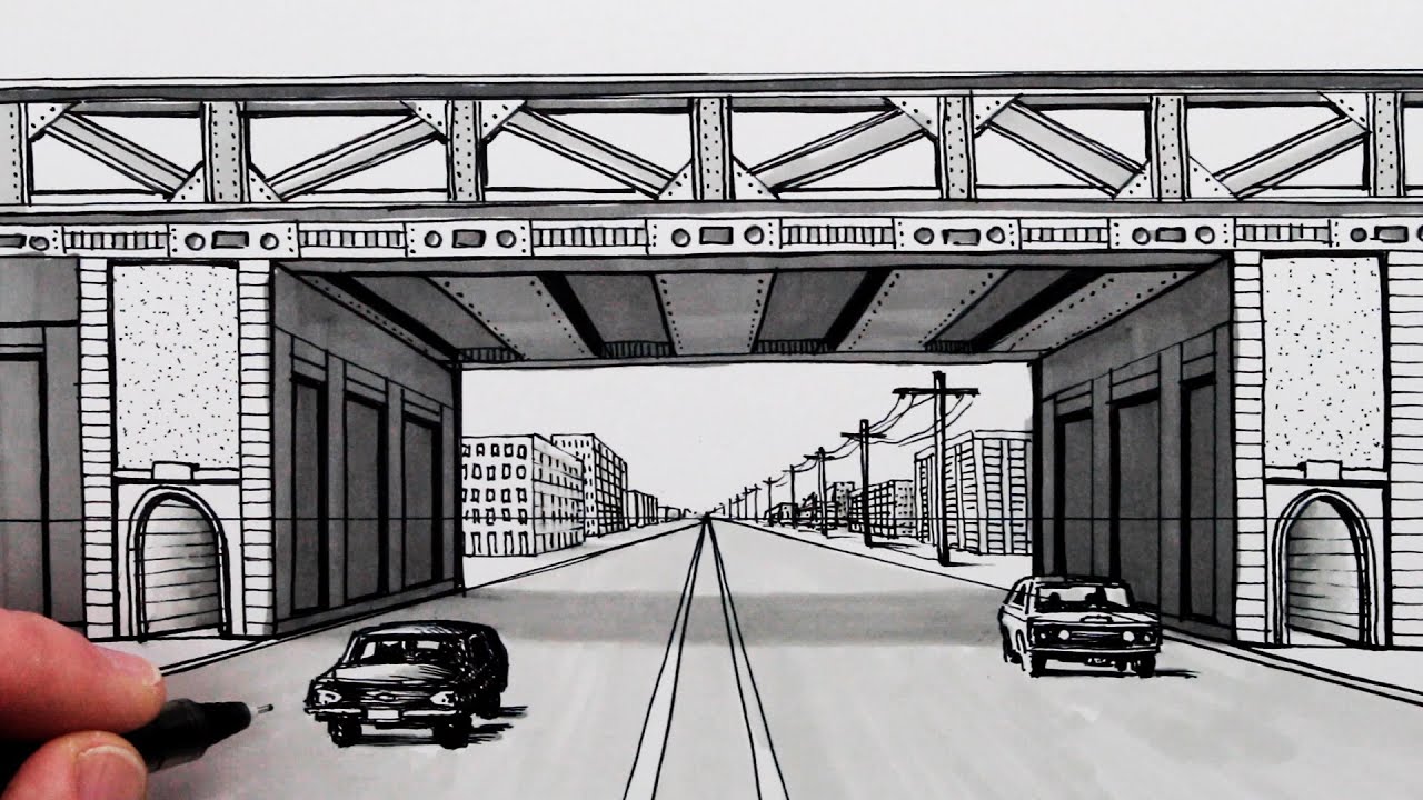 How to Draw using 1-Point Perspective: Road and Bridge